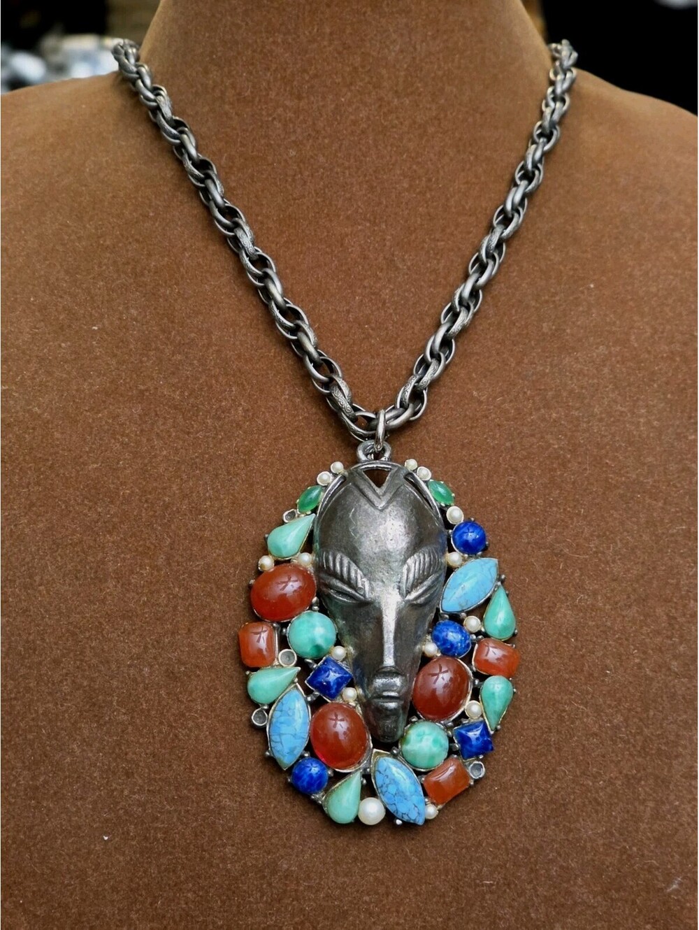 Vintage ART Signed Rare Tribal Face Mask Silvertone Pendant Necklace